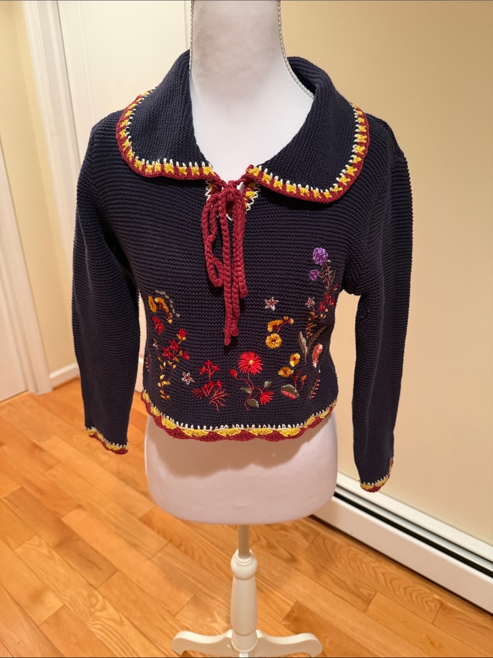 Cider Navy V-Neck Sweater with Multicolor Floral Embroidery and Contrast Trim